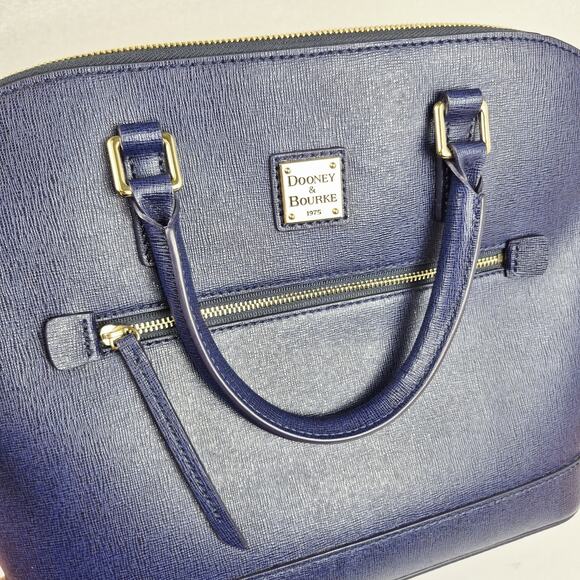 Dooney & Bourke Saffiano Leather Zip Satchel Purse Blue Gold Hardware Crossbody - Picture 12 of 16